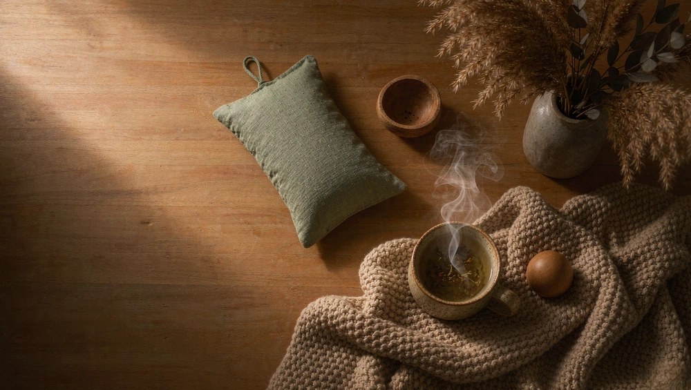 Still life of a smooth green leaf, a small clay bowl, and a knit cloth on a warm wooden surface