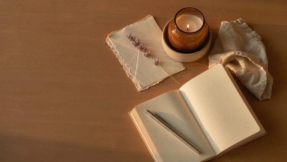 Books and papers resting on a warm wooden table beside a small amber dish