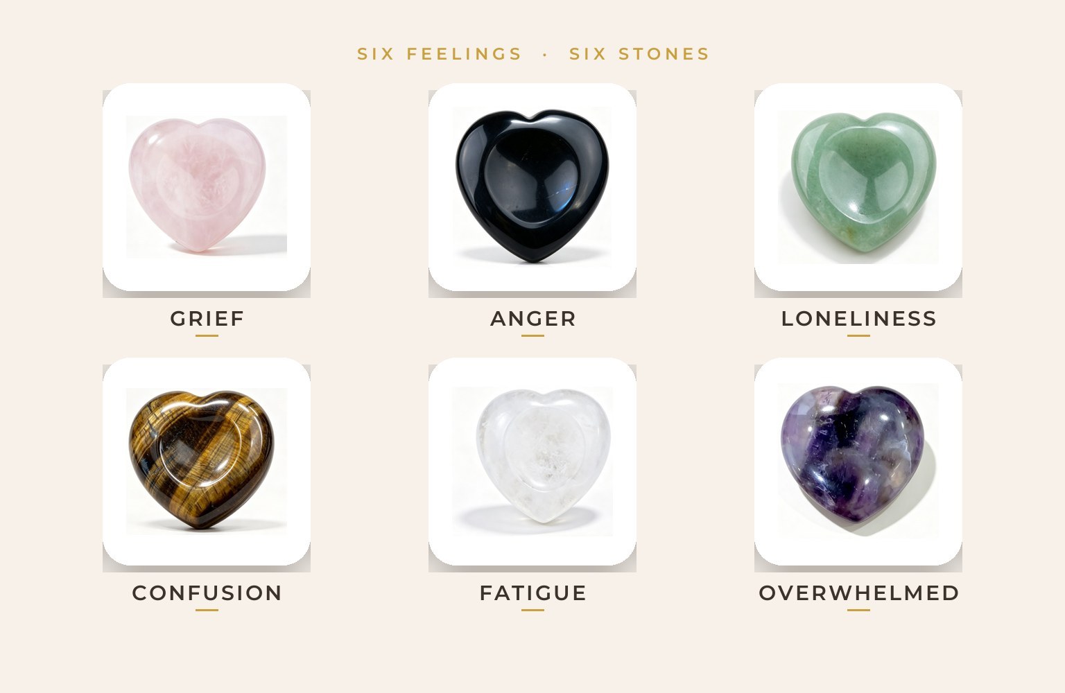 Six RisUni heart-shaped thumb stones in a grid, each labelled with a feeling: rose quartz, black obsidian, green aventurine, tiger eye, clear quartz and amethyst.
